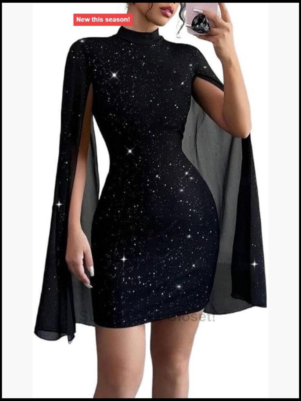 Sequin Mini Dress Mock Neck Cloak Sleeve Bodycon Party Dress